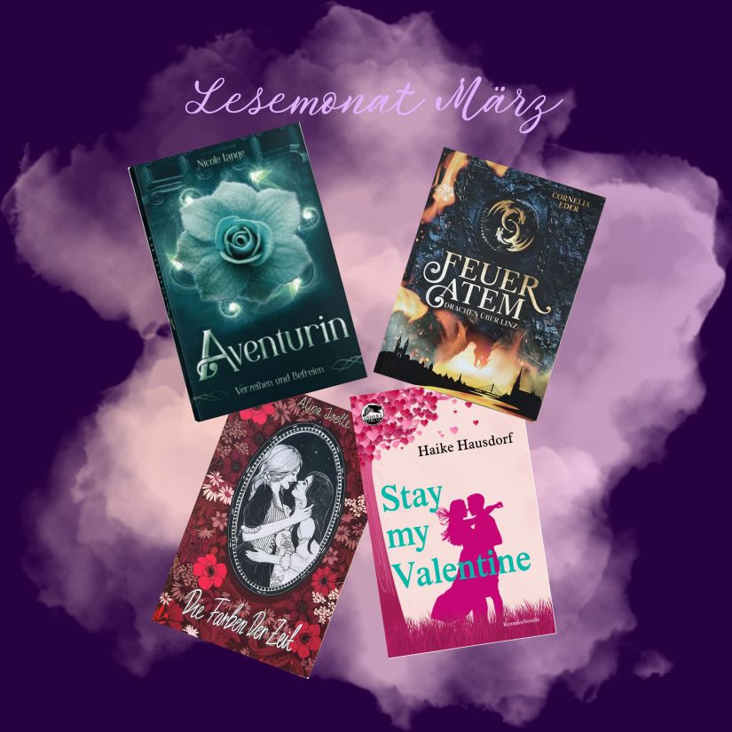 Vier Bücher auf violettem Hintergrund, Lesemonat März